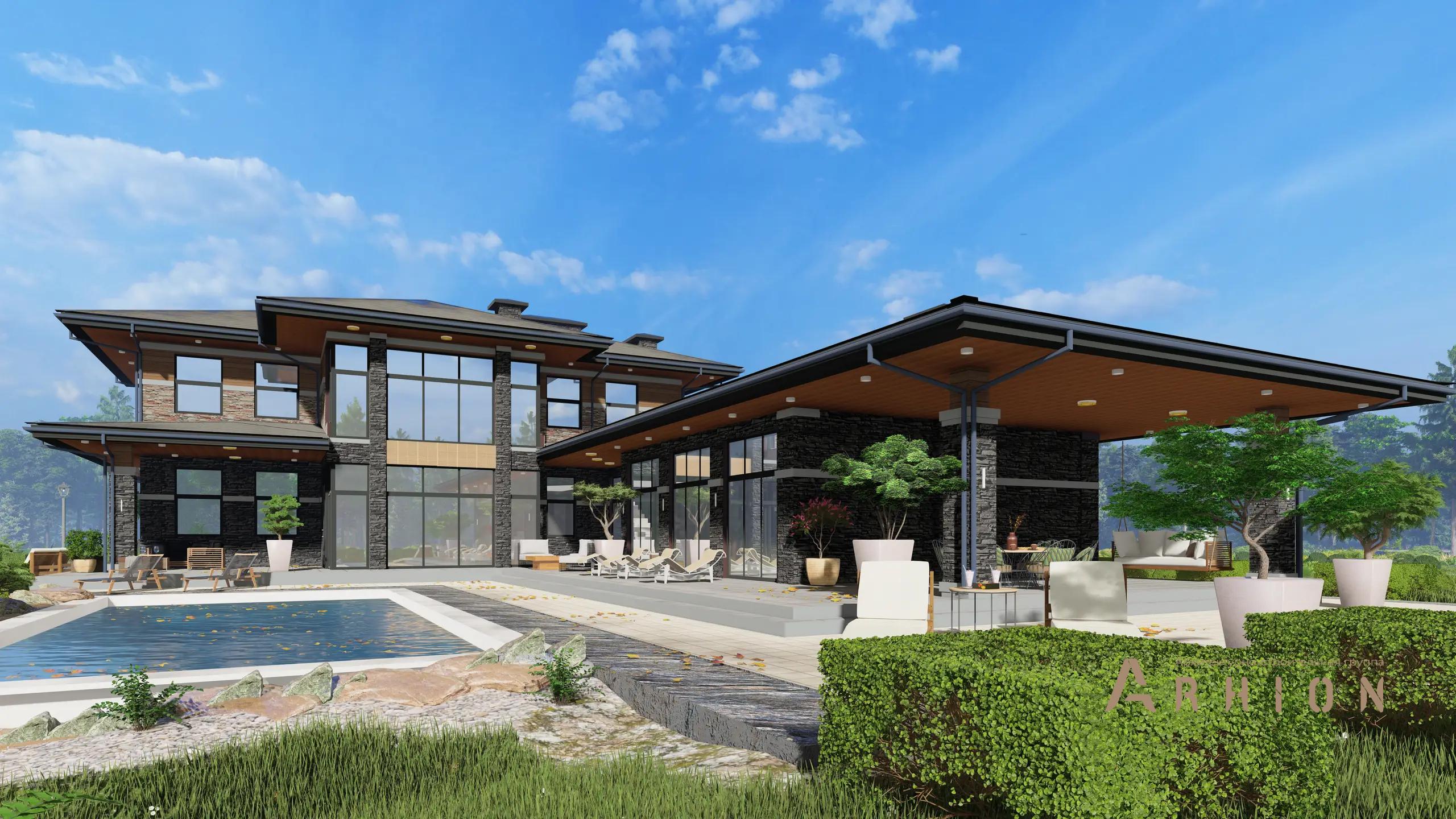 7. Проект двухэтажного дома в стиле Ллойда Райта (прерий) с четырехскатной, h-1604, площадью - 433 кв c сауной, терассой, гаражом, бассейном